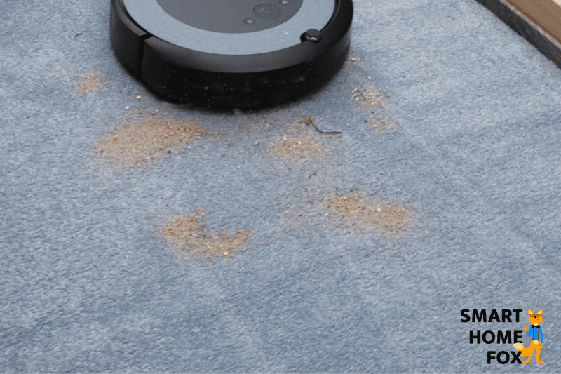 Der Roomba i3 saugt Sand auf einem hochflorigen Teppich